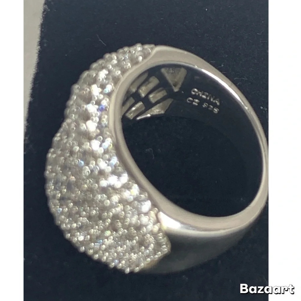 Apogee Concaved Cubic Zirconia Ring in Sterling 925 Silver, Sz:6